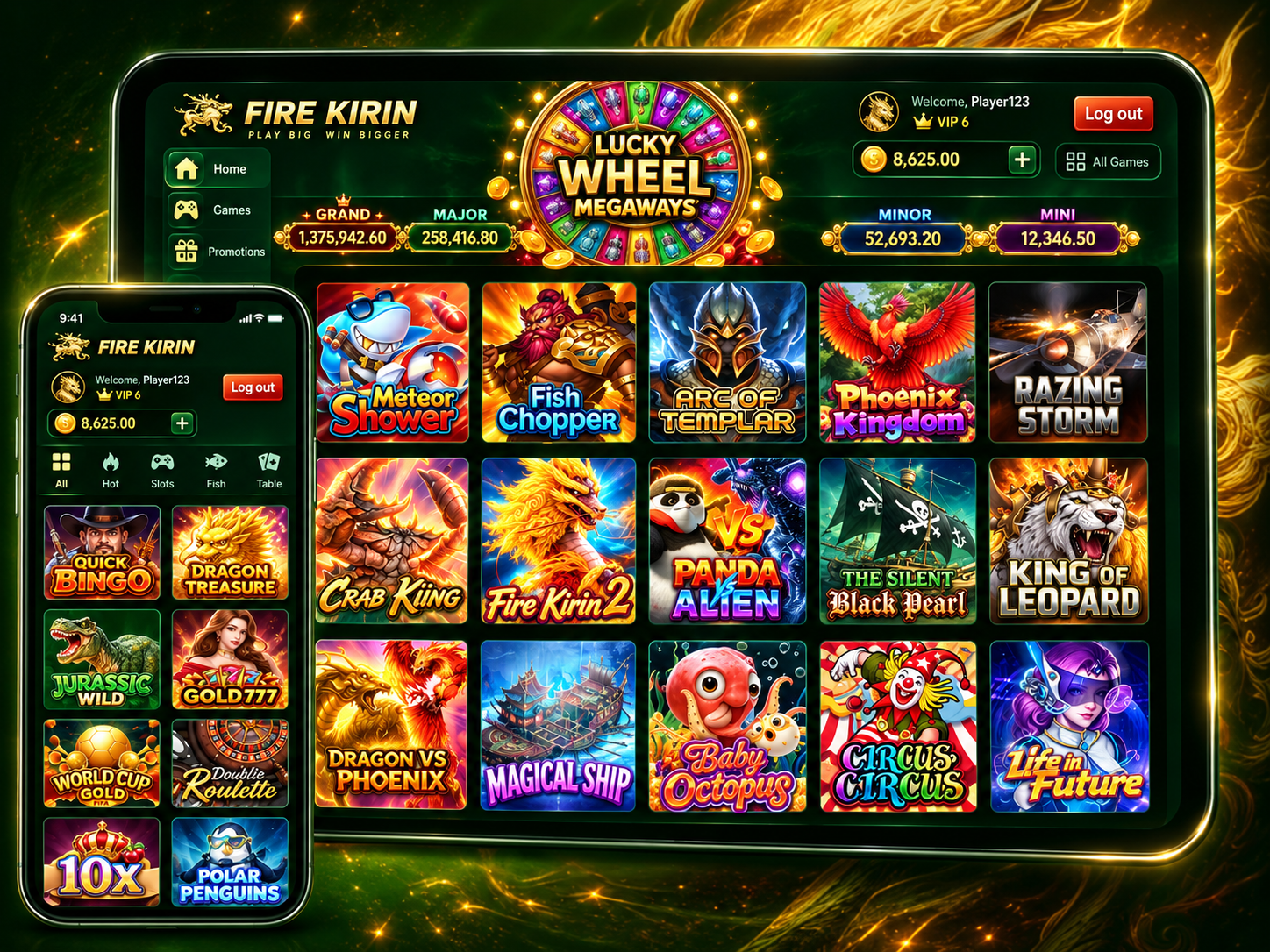 Fire Kirin game showcase on a tablet and phone